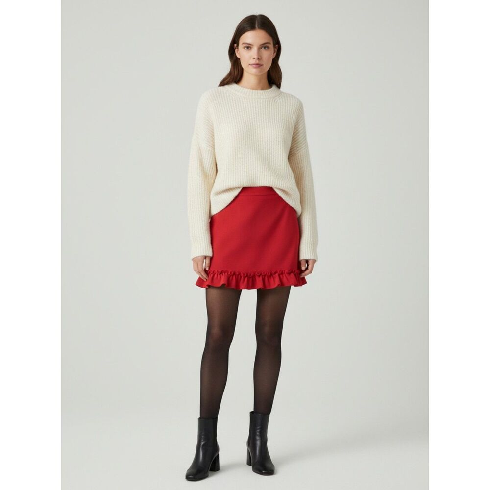 Brooks Brothers Red Fleece Skirt Wool Red Ruffle Hem Preppy A-Line Mini Coquette